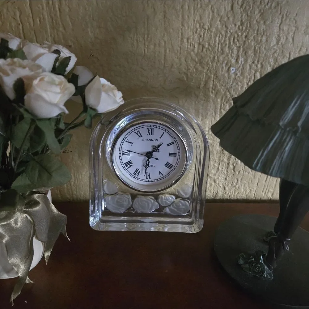 Clear Glass Mantel Clock with Roses